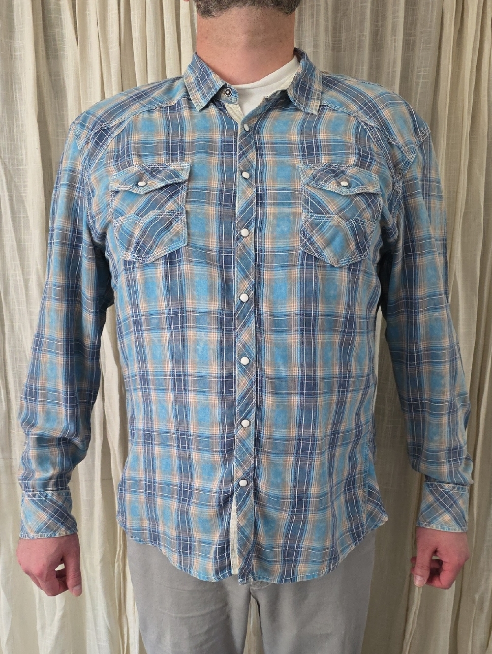 BKE Men's Blue and Tan Plaid Button-Down Shirt